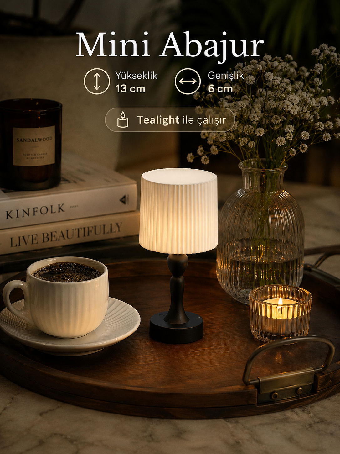Mini Abajur Mumluk 13 cm - Tealight HEDİYE - Modern Masa Üstü Ambiyans Lambası
