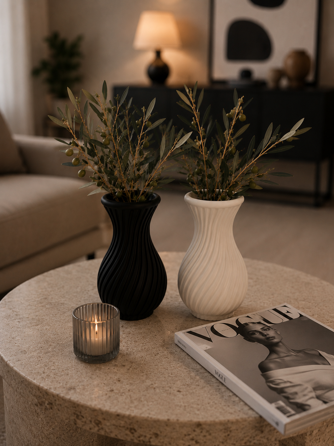 Dekoratif Modern Çizgili 2'li Vazo 13 cm - Siyah & Beyaz Minimal Masa Üstü Çiçek Vazosu